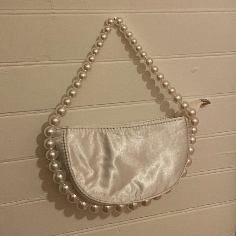 WHITE SATIN PEARL DETAIL MINI CRESCENT HANDBAG